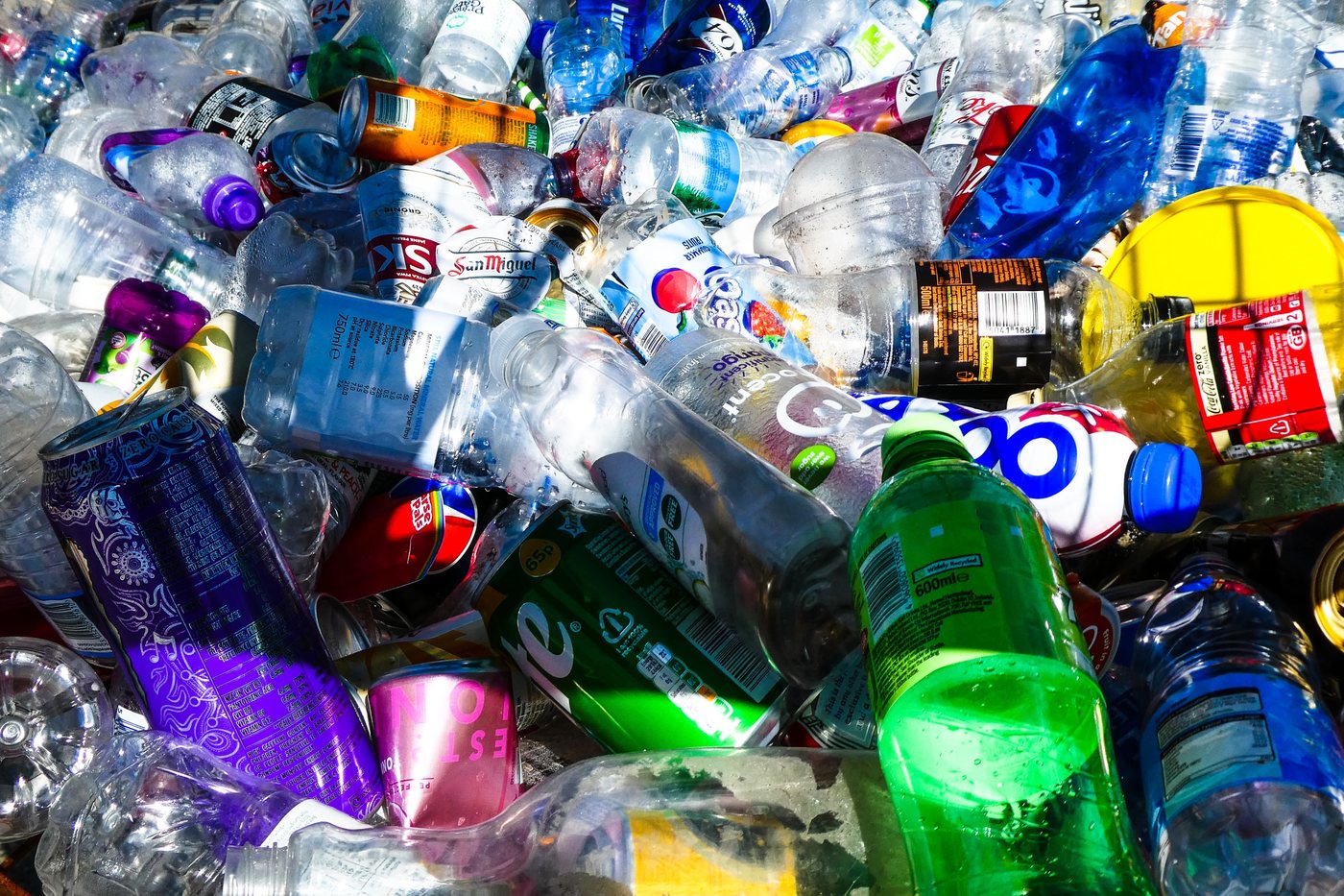 Discarded plastic PET bottles collected for recycling