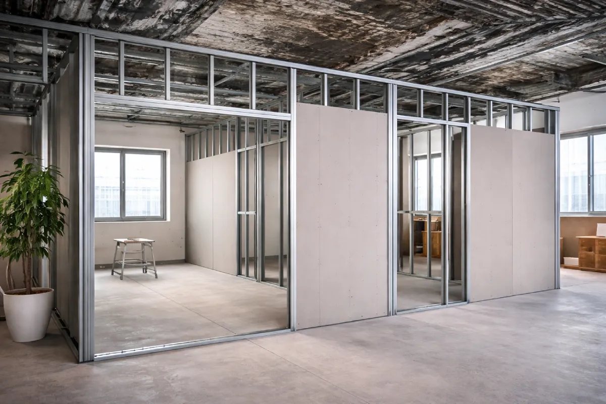A drywall partition system used instead of conventional masonry